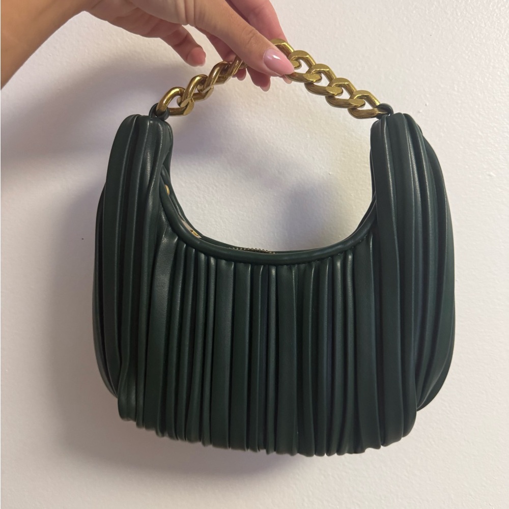 Dark Green Pleated Hobo Bag with Gold Chain Handle